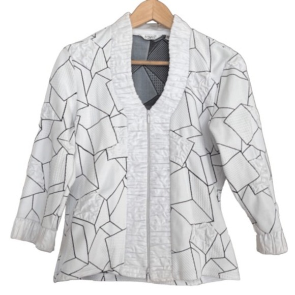 Ravel Geometric Print Jacket Ruched Front White Black Career Size M - Picture 1 of 5